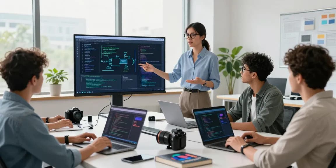 Collaborative team working on AI agents in a modern office environment.