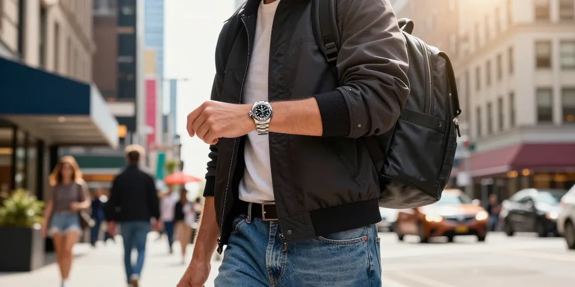Stylish urban setting featuring a person wearing rolex super clone watches, capturing the essence of modern street fashion and lifestyle.