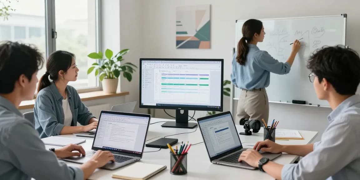 团队在现代办公室使用WPS Office进行项目协作，展示专业高效的工作环境
