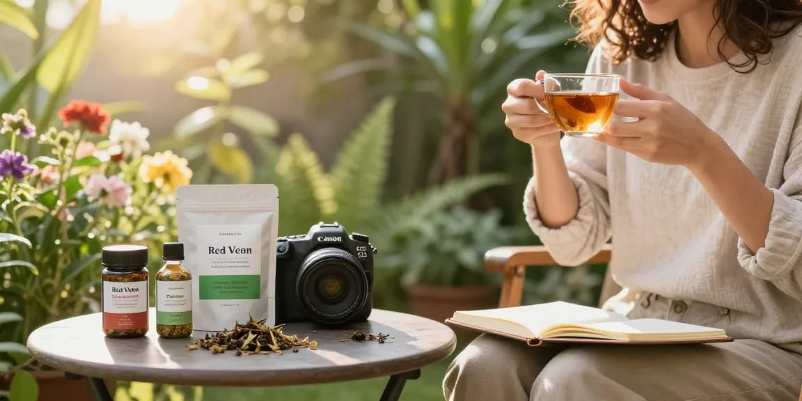 Person enjoying herbal tea infused with Red Vein Kratom, promoting relaxation and serenity at behappygoleafy.com/red-vein-kratom.