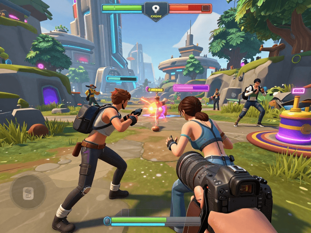 Engaging 3D sex game scene with diverse avatars in a vibrant virtual landscape showcasing exciting multiplayer interaction.