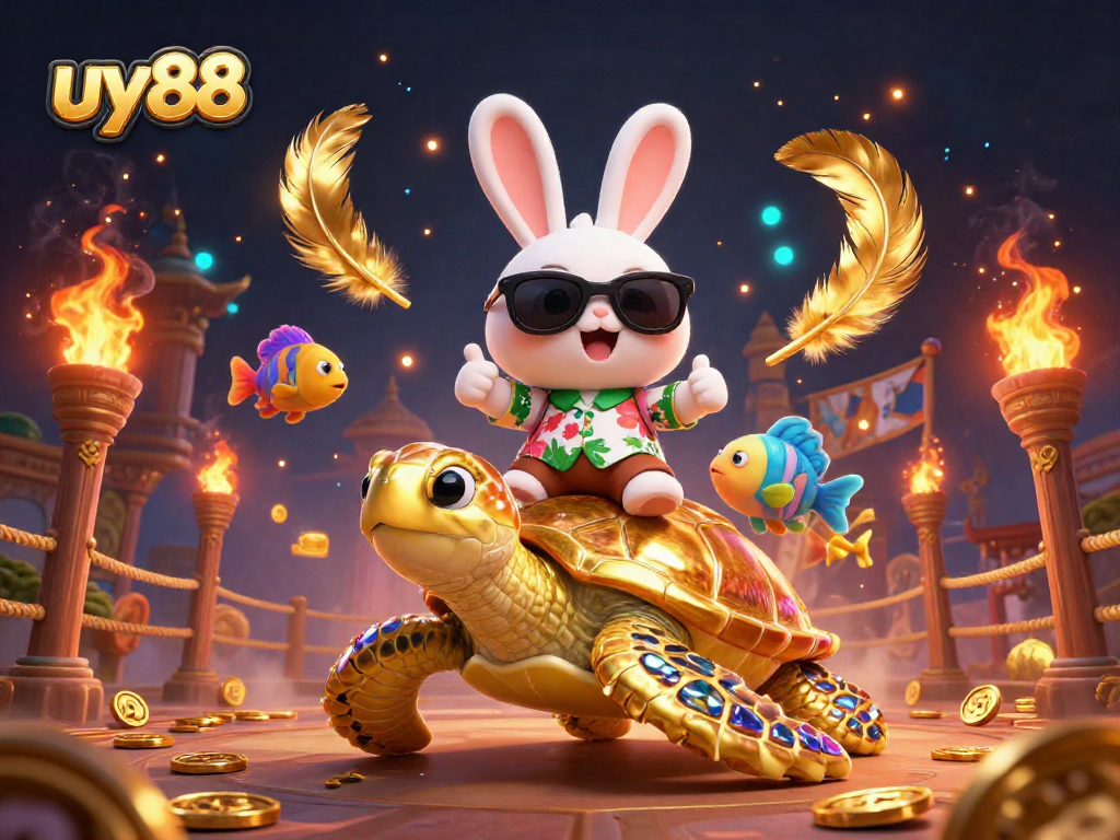 uy88 players spinning colorful slot reels while riding a golden turtle with tropical elements