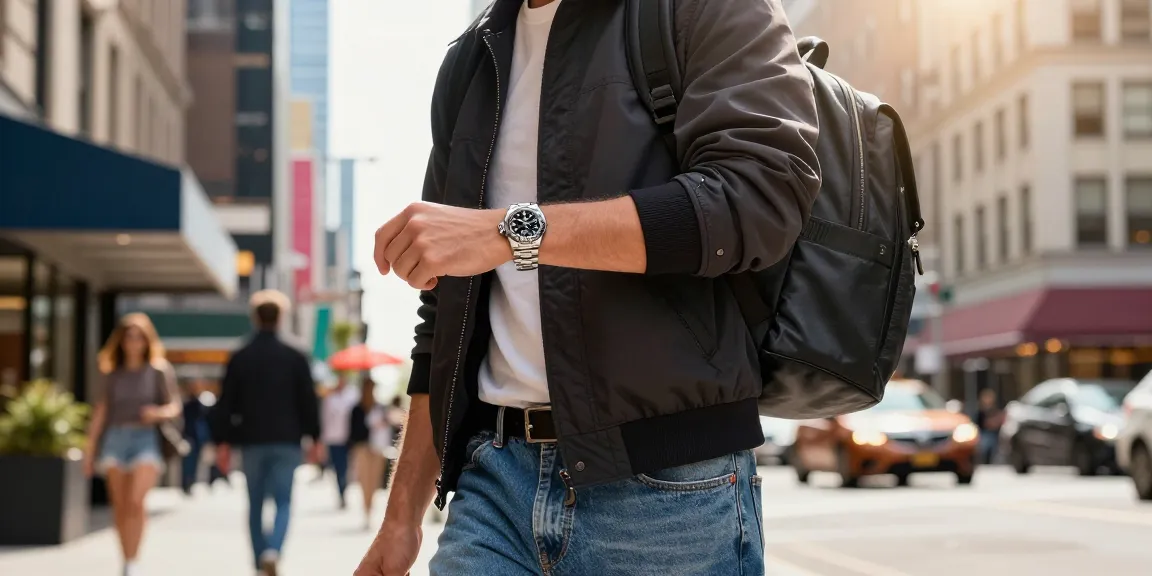 Stylish urban setting featuring a person wearing rolex super clone watches, capturing the essence of modern street fashion and lifestyle.
