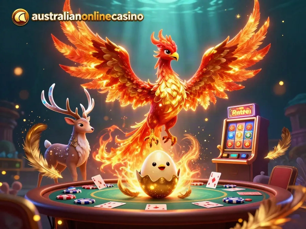 A dynamic 3D illustration showcasing a fire phoenix, baby phoenix, and a mystical stag amidst poker elements, promoting australianonlinecasino.