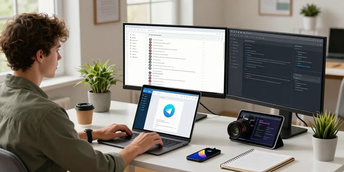 Engaging workspace with a professional using Telegram Web on laptop and dual monitors, highlighting modern digital communication.