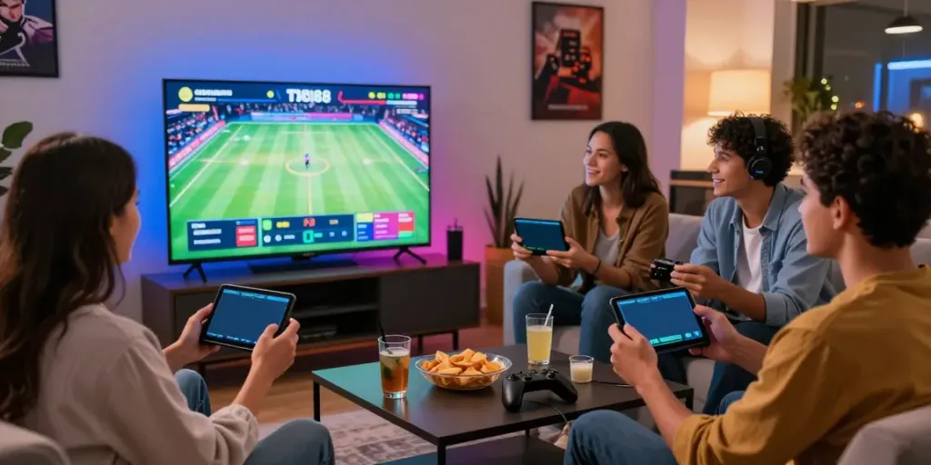 Exciting virtual gaming event showcasing TX88 online betting platform with friends enjoying snacks and smartphones.