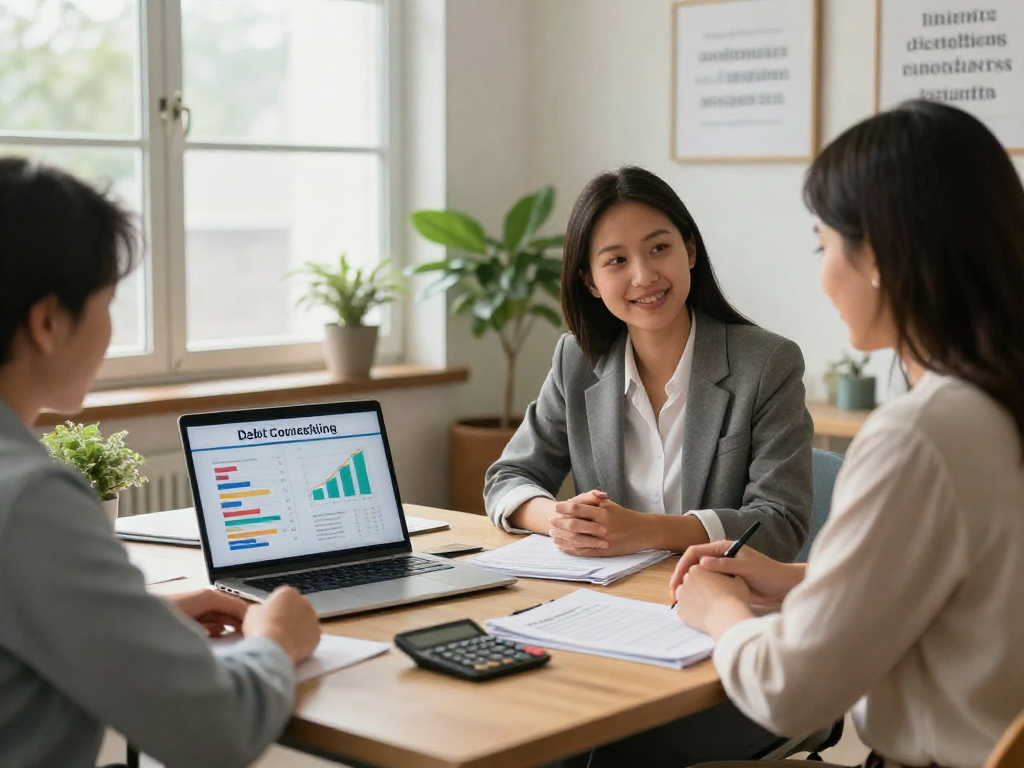 Debt consolidation counseling session with financial advisor and client discussing payment plans in a professional office.