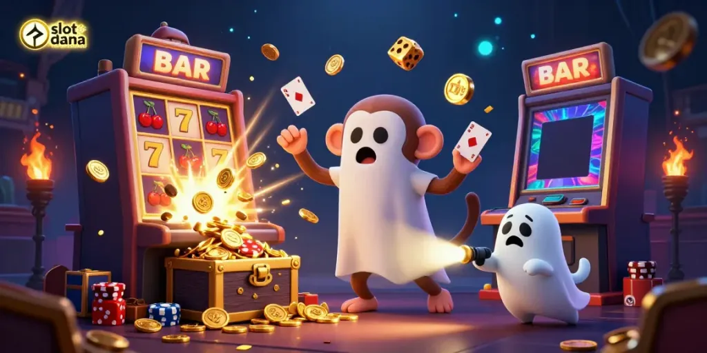 Engage in thrilling casino action with slot deposit dana, featuring vibrant golden elements and characters in a dynamic scene.
