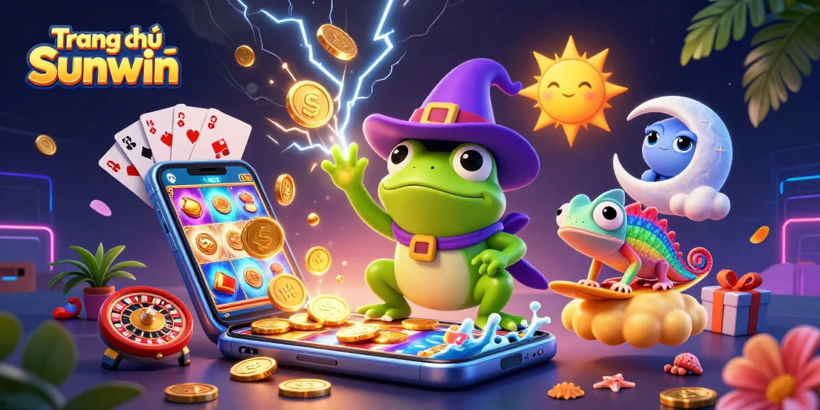 Experience the excitement of Trang chủ Sunwin with a vibrant 3D casino scene featuring golden coins and a colorful smartphone game.