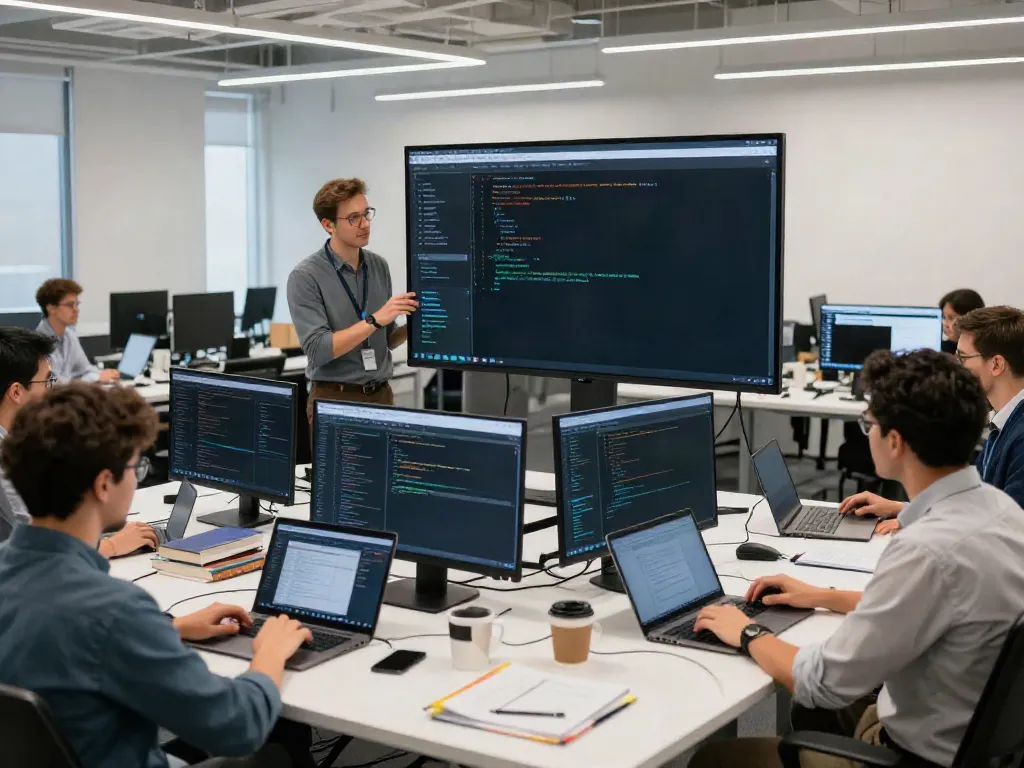 A collaboration scene featuring instant indexing tools in a lively tech office.
