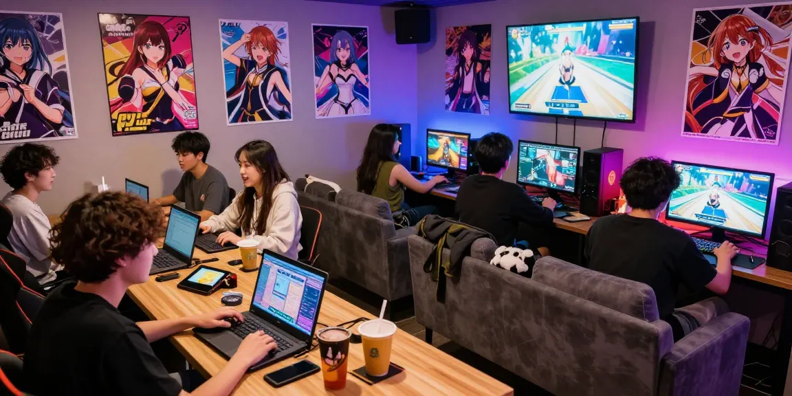 Friends playing ecchi games in a vibrant gaming lounge with colorful lighting.