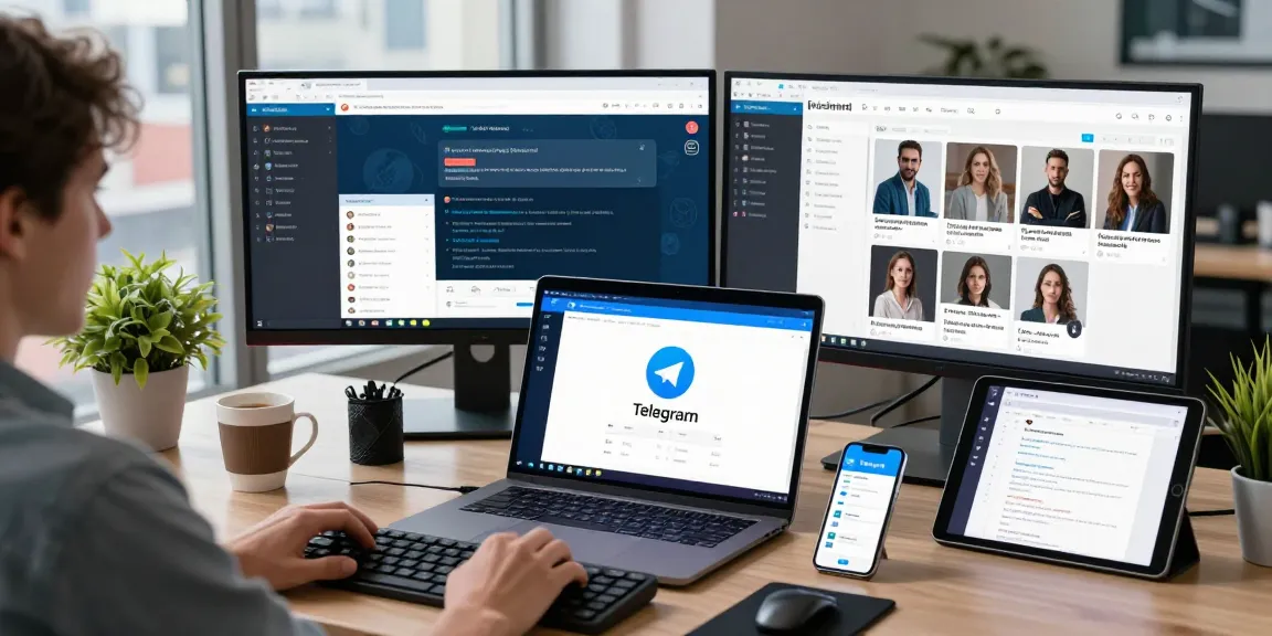 Engaging workspace with a user accessing Telegram网页版 on multiple screens, showcasing productivity and connectivity.