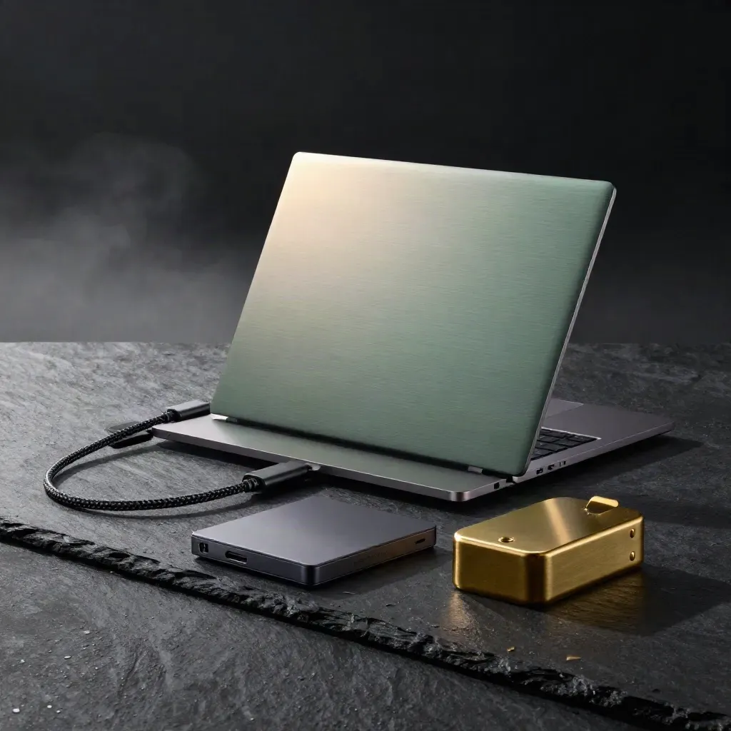 Brushed-aluminium laptop with USB-C hub, ethernet cable, SSD and brass paperweight on rain-dark slate.
