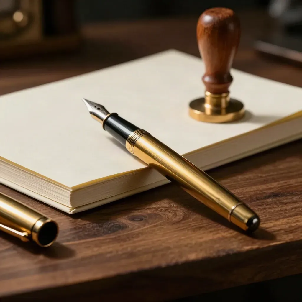 Brass fountain pen, cream notebook and wax seal stamp on walnut in moody macro still life