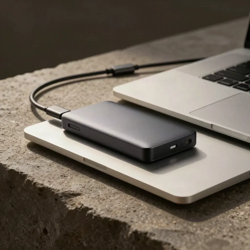 Polished laptop dock, SSD, cable, and closed slim laptop on stone in dramatic light