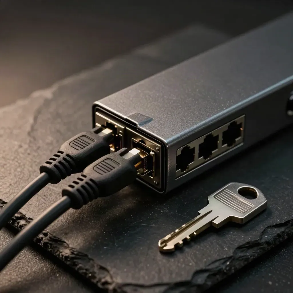 Adapter stack, patch cables and server key on dark slate under dramatic light.