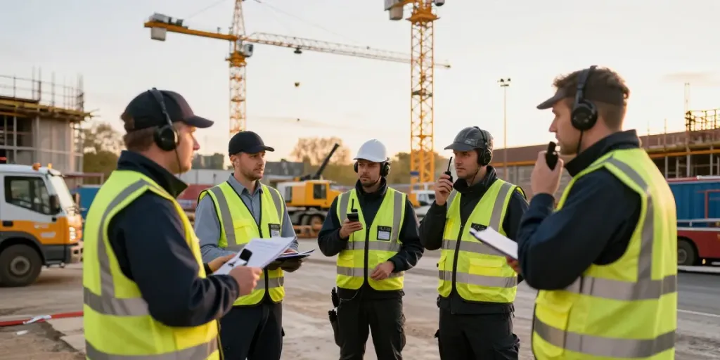 "Construction Site Security expert overseeing a busy construction area, reflecting trust and professionalism in local services."