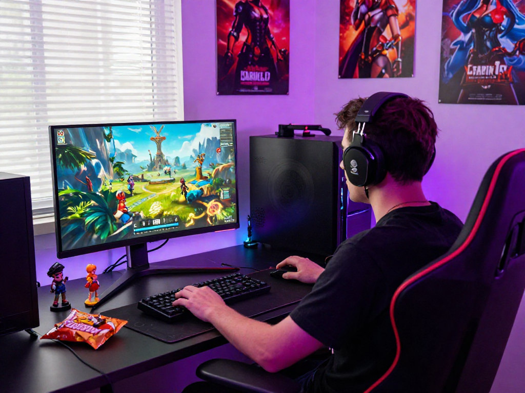 Engaging gaming setup showcasing a player immersed in a sex simulator experience, with detailed accessories and vibrant atmosphere.