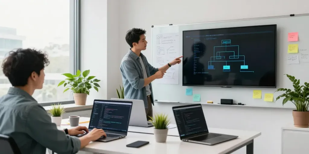 Collaborative atmosphere in a software sponsored content UK workspace with developers brainstorming ideas and coding.