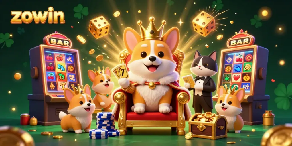 Experience thrilling gameplay with zowin, featuring a crowned corgi on a poker chip throne in a vibrant casino scene.