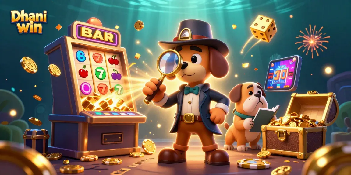 Dhani win showcases thrilling casino gaming with a detective examining poker clues amidst vibrant jackpots.
