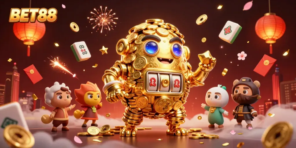 Experience thrilling wins at BET88, with a scene of a golden golem and festive casino elements.