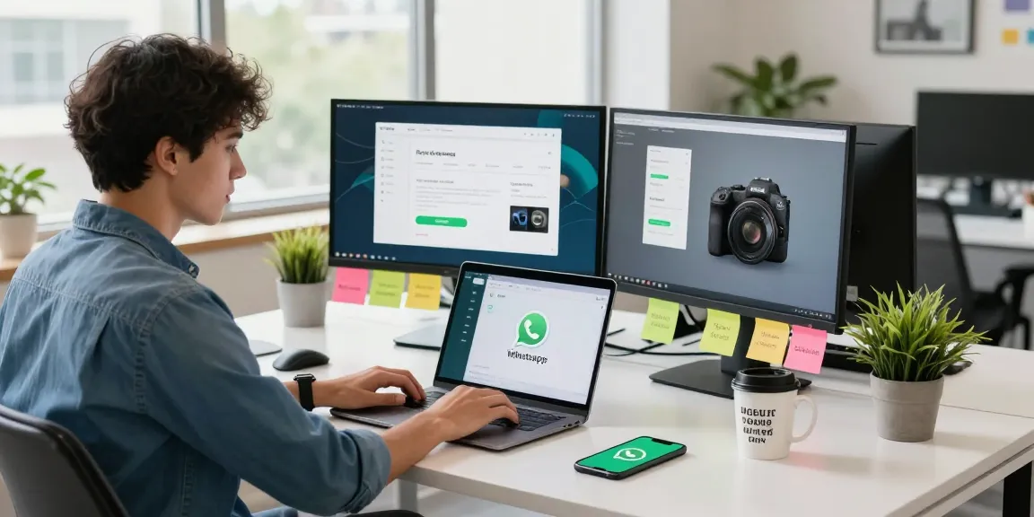 Young professional working at a tech desk with WhatsApp下載 interface on laptop, showcasing a modern workspace.