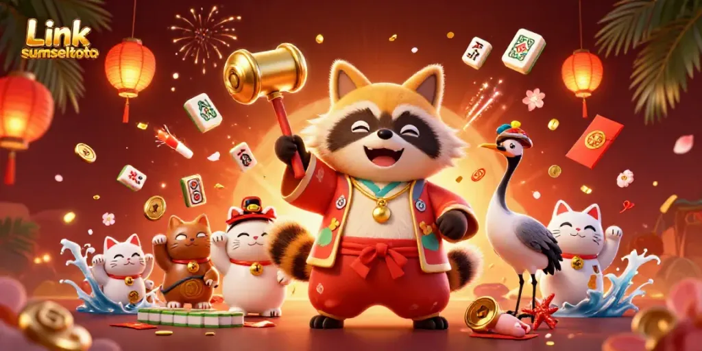 Experience excitement with Link sumseltoto in a vibrant casino scene featuring lucky symbols and festive characters.