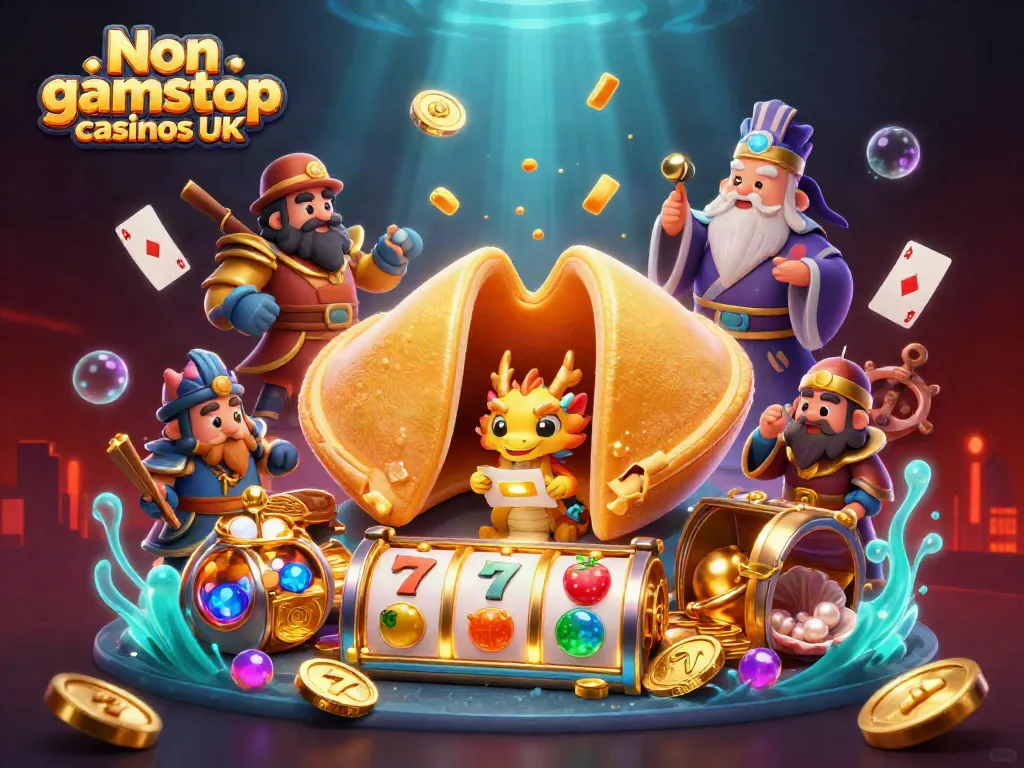 Experience the vibrant world of Non gamstop casinos UK with this artistic depiction of gaming excitement, where a golden fortune cookie meets dynamic casino elements.