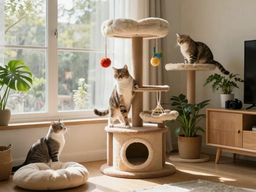 Elegant cats engaging with stylish cat trees in a bright home.