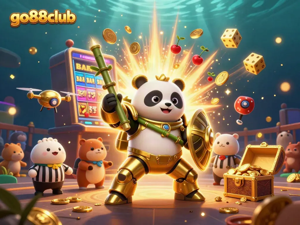 Engage with go88club's exciting jackpot scene showcasing a golden panda in a mech-suit amidst thrilling gambling elements.