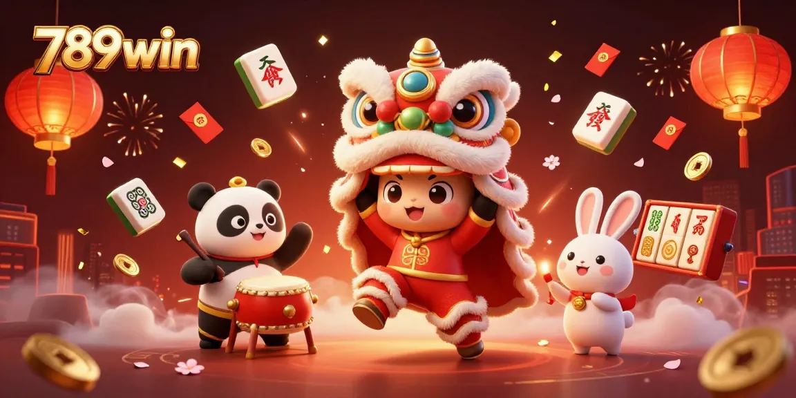 Experience the vibrant world of 789win with a lively festival scene featuring a lion dance and dynamic gambling elements.
