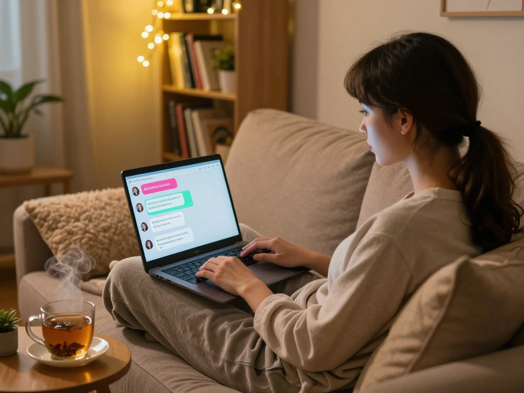 A cozy room depicting ai porn chat with a person engaged in a lively AI conversation on a laptop, creating an intimate atmosphere.