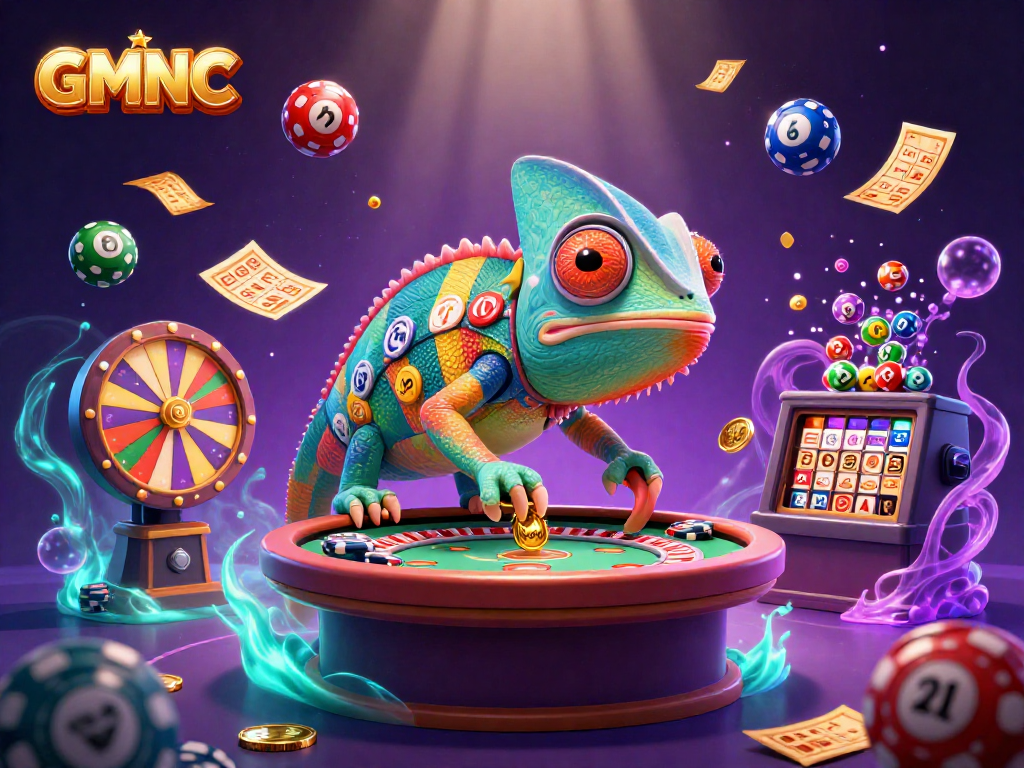 Experience the vibrant world of GMNC, featuring a colorful chameleon casino owner amidst exciting gambling visuals.