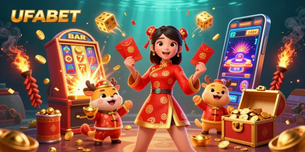 Experience the excitement of UFABET with vibrant casino elements and a festive Lunar New Year theme.