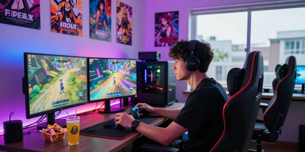 Engaging gamer playing a hentai game in a colorful LED-lit room filled with gaming gear.