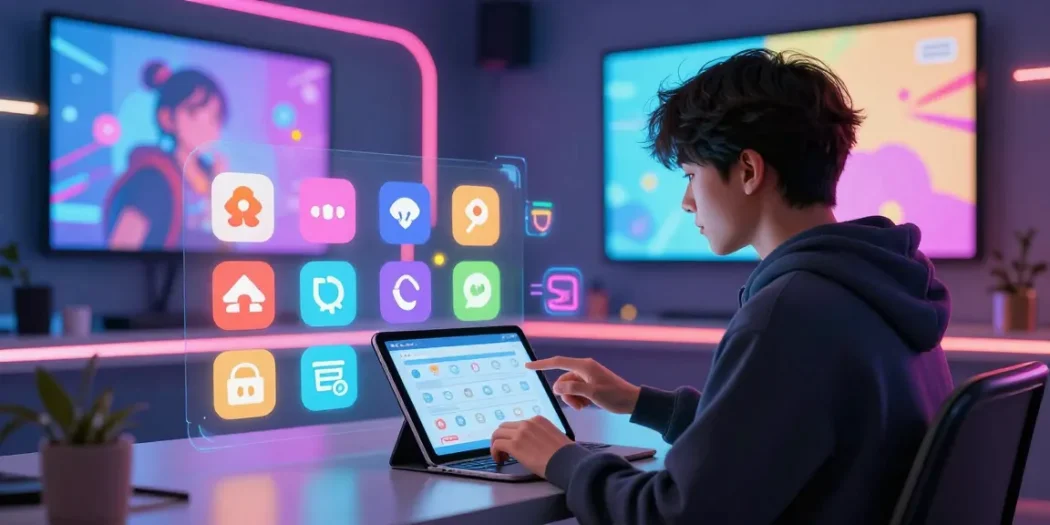 Engaging interaction showcasing ecchi AI chat on a sleek tablet in a vibrant tech space.