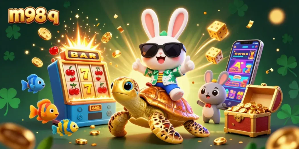 Spin the reels and win big with m98 q in a vibrant casino scene featuring a lucky rabbit and golden turtle.