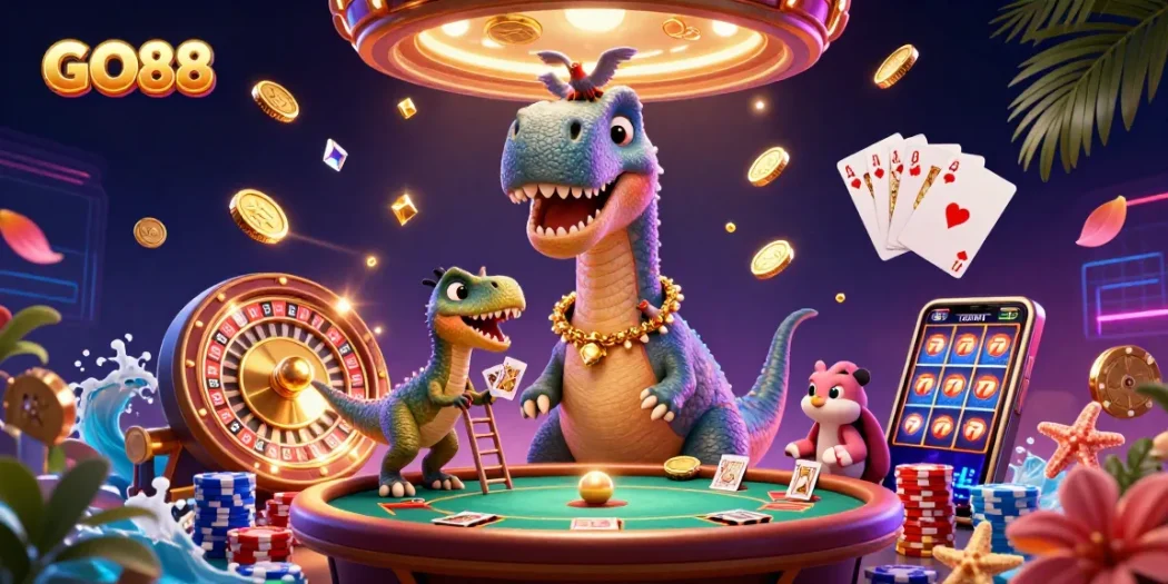 GO88 engages players with a dynamic scene featuring a brontosaurus overseeing a lively casino atmosphere.