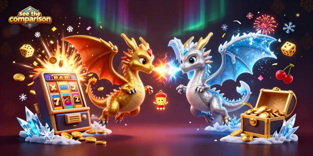 See the comparison of dynamic gaming elements with fiery and icy dragons in a vibrant casino scene.